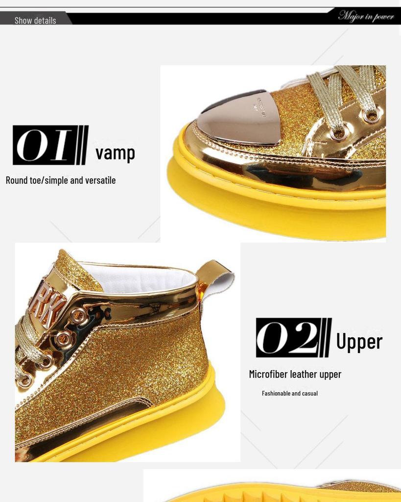 Srebrne i Złote Męskie Modne Sneakersy High-Top - Modne, Dodające Wzrostu Buty Casualowe