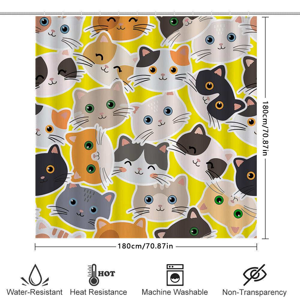 Bright Yellow Shower Curtain With Cat Design Polyester Fabric For Bathroom Decor Modern Home Decoration Gift Idea Multicolored W