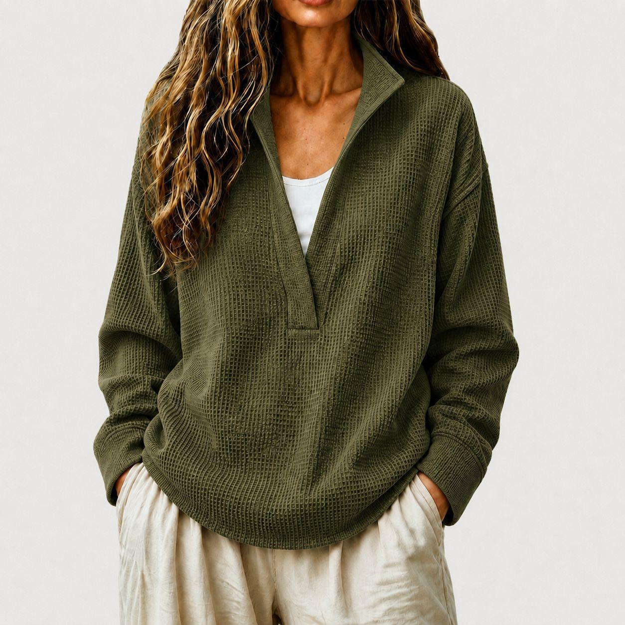 Women s Casual Fashion Knit V-Neck Loose Fit Long Sleeve Sweatshirt L