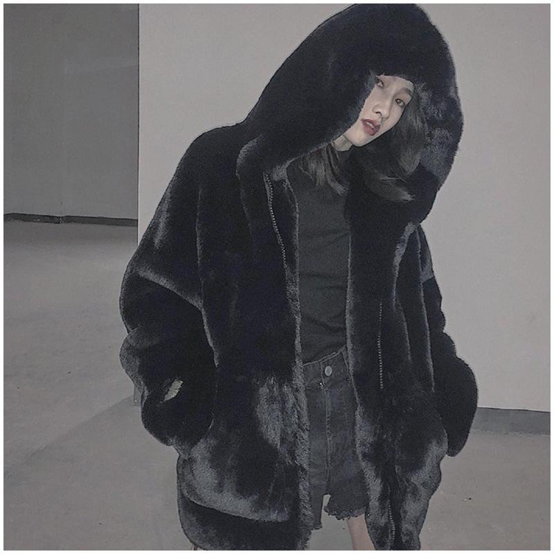 Coat Women's Autumn and Winter Loose Plush Faux Rabbit Fur Hooded Cardigan Women Casual Fashion Medium Length Fur Coat