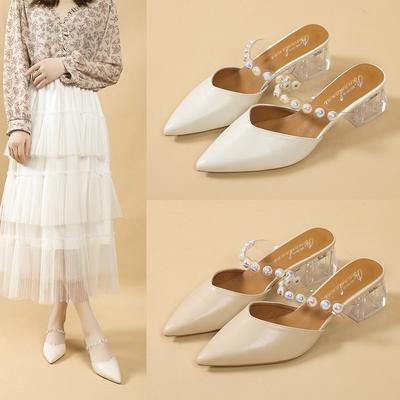 Summer New Korean Version Pointed Transparent with Pearl Bag Head Thick Heel Women Cool Slippers Fashion Casual High Heel Slippers Women