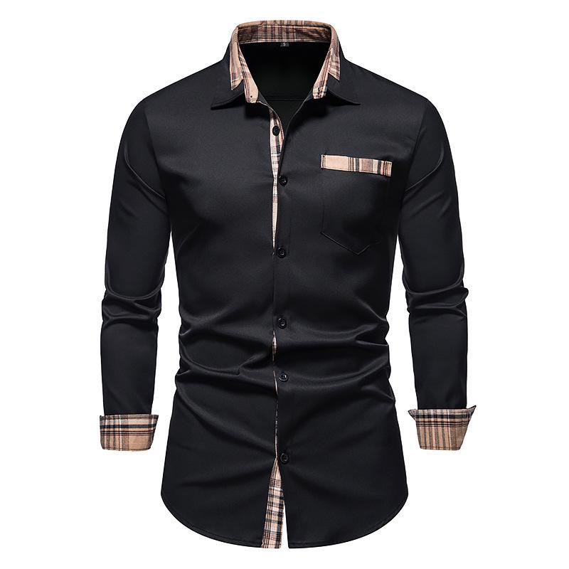 Men's Autumn Color Block Slim Fit Long Sleeve Checkered Collar Shirt
