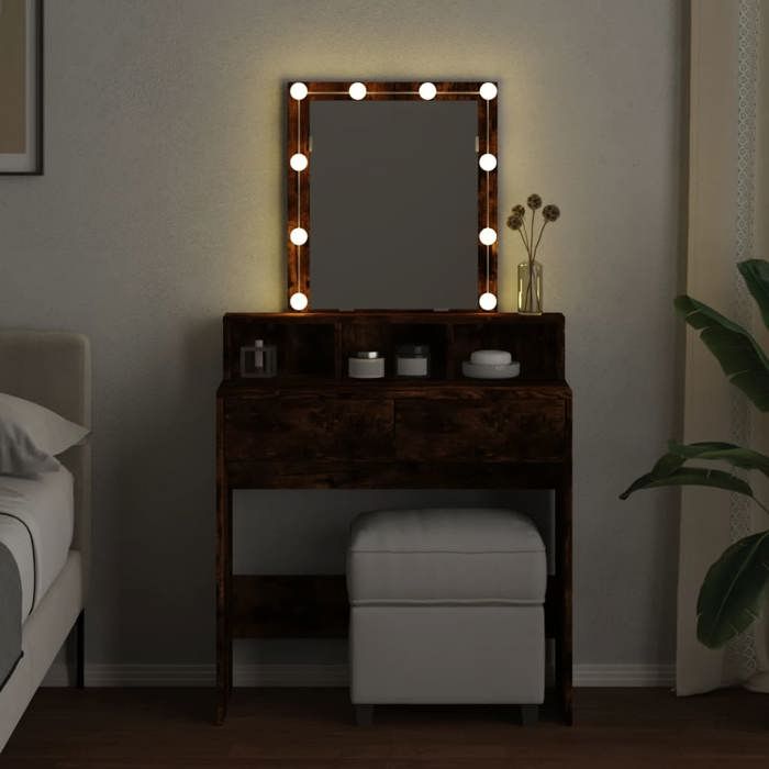 VidaXL Coiffeuse avec LED chêne fumé 80x41x144,5 cm, table de maquillage, coiffeuse de chambre à coucher, coiffeuse avec 848182