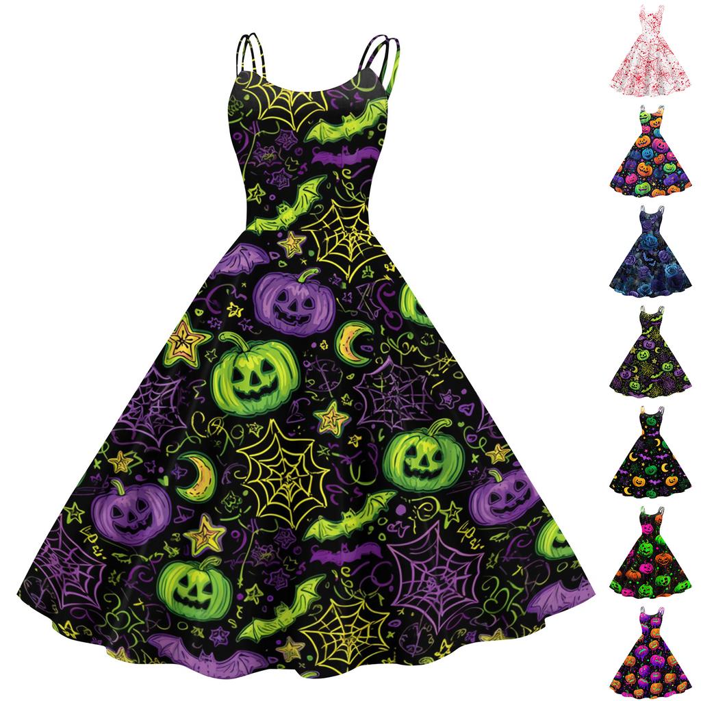 Women's Halloween Print Off Shoulder Dress Punk Vintage Style Sleeveless Spaghetti Strap Dress with Flared Skirt for Costume Party