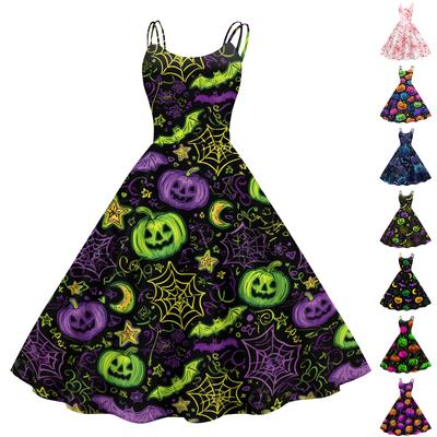 Women's Halloween Print Off Shoulder Dress Punk Vintage Style Sleeveless Spaghetti Strap Dress with Flared Skirt for Costume Party