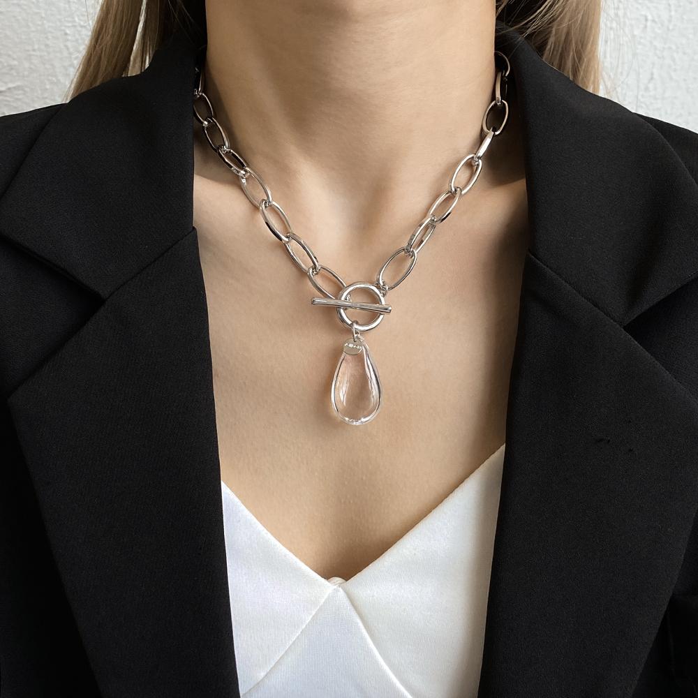 Flashbuy New Trendy Transparent Crystal Water Drop Pendant Necklace for Women Boho Gold Color Metal Chain Necklace Party Zircon