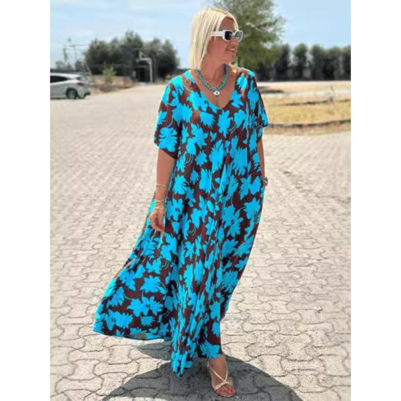 

Платья женские повседневные свободные с V-образным вырезом и коротким рукавом XL синий