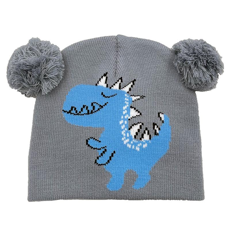 Children S Pullover Hat, Cute Dinosaur Jacquard Double Pom-Pom, Knitted Knit Knit Hat, 54Cm One size fits all