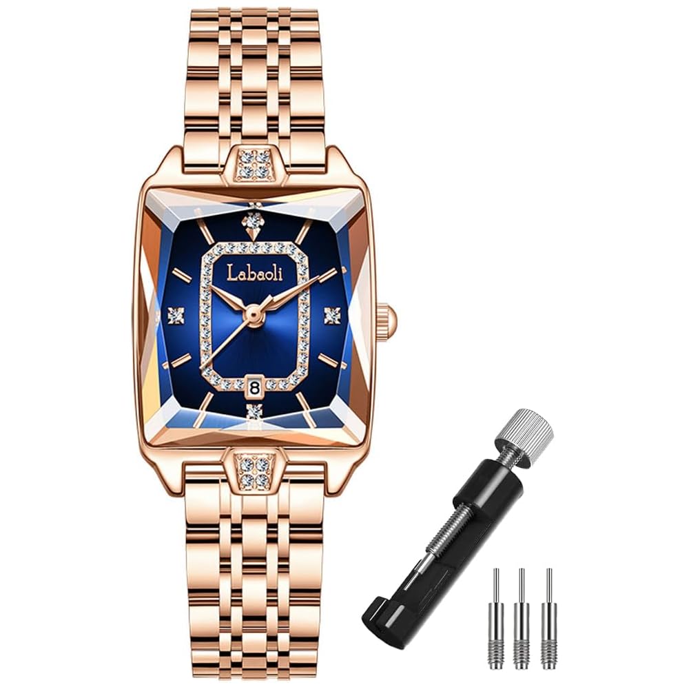 Square Women s Watch Gold Stainless Steel Casual Business Waterproof Diamond Elegant Blue