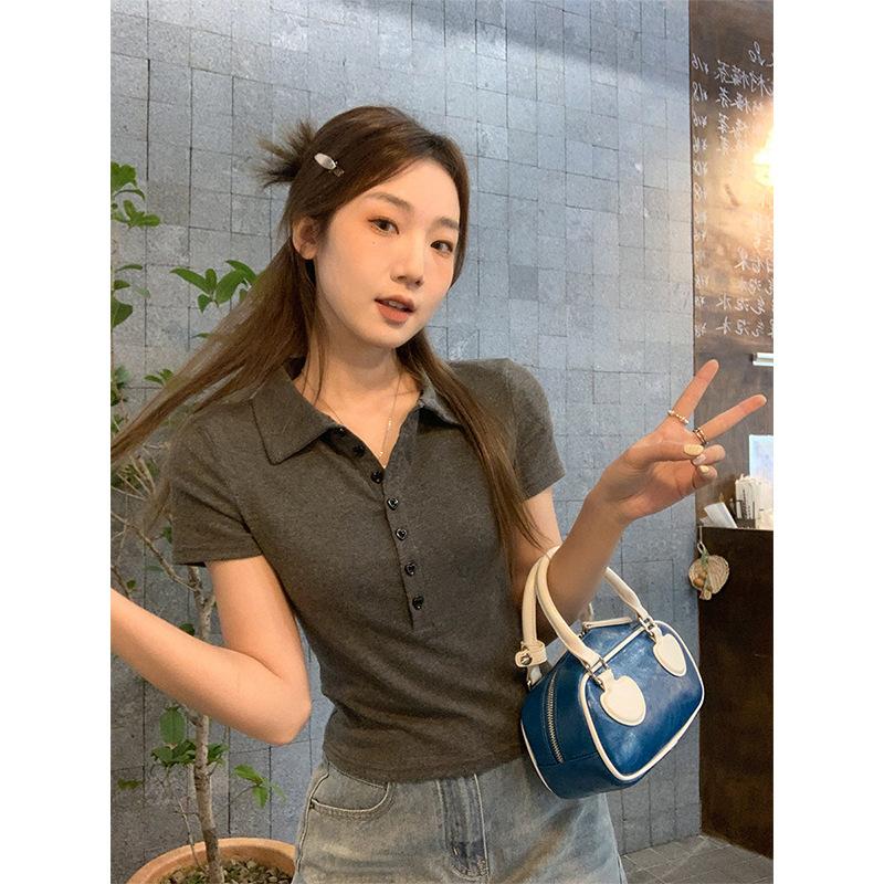 Korean College Style Polo Lapel Short Sleeve T-Shirt Women's Spring and Summer New American Front Shoulder Skinny Top