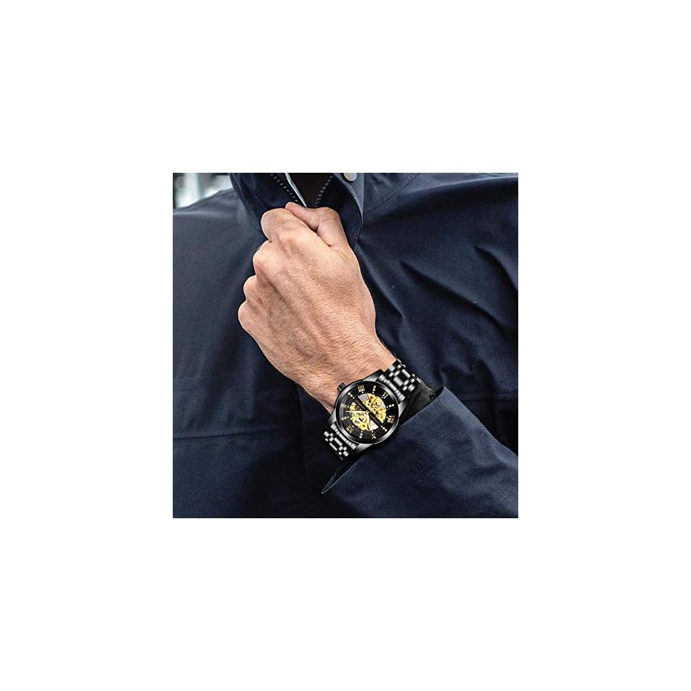 Tevise Men's Skeleton Watch Black Stainless Steel Waterproof Automatic Roman Numerals Dial