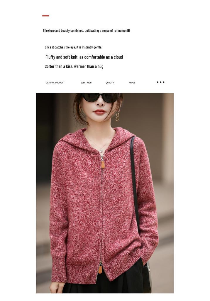 Autumn/Winter Women's 100% Pure Wool Hooded Cardigan Coat with Double Zipper and Long Sleeves.