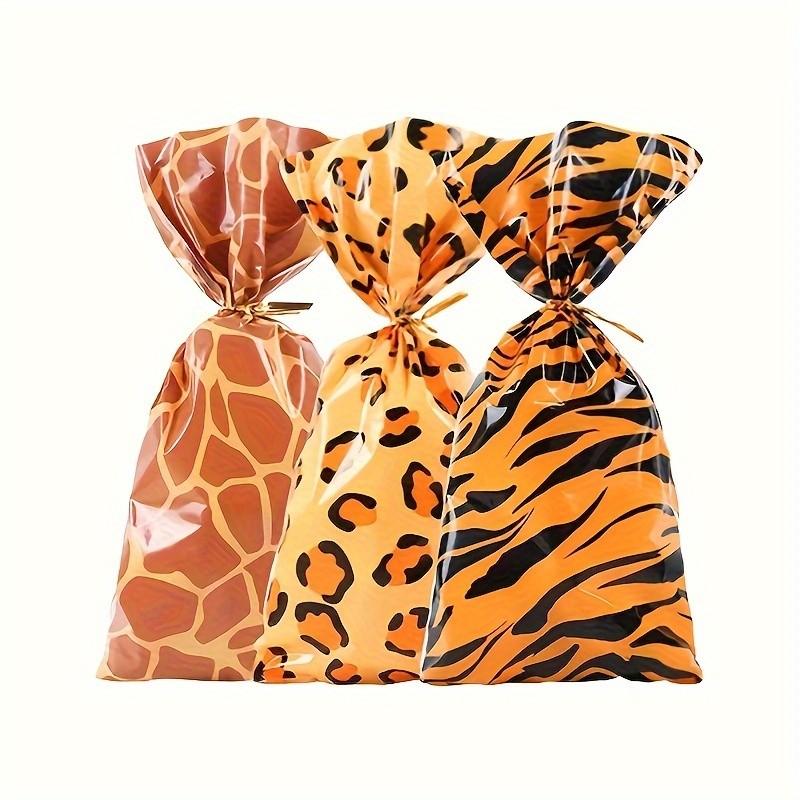 50 Pack Animal Print Gift Bags with Twist Ties - Giraffe, Leopard, Tiger Pattern Polypropylene Candy Bags for Party Favo
