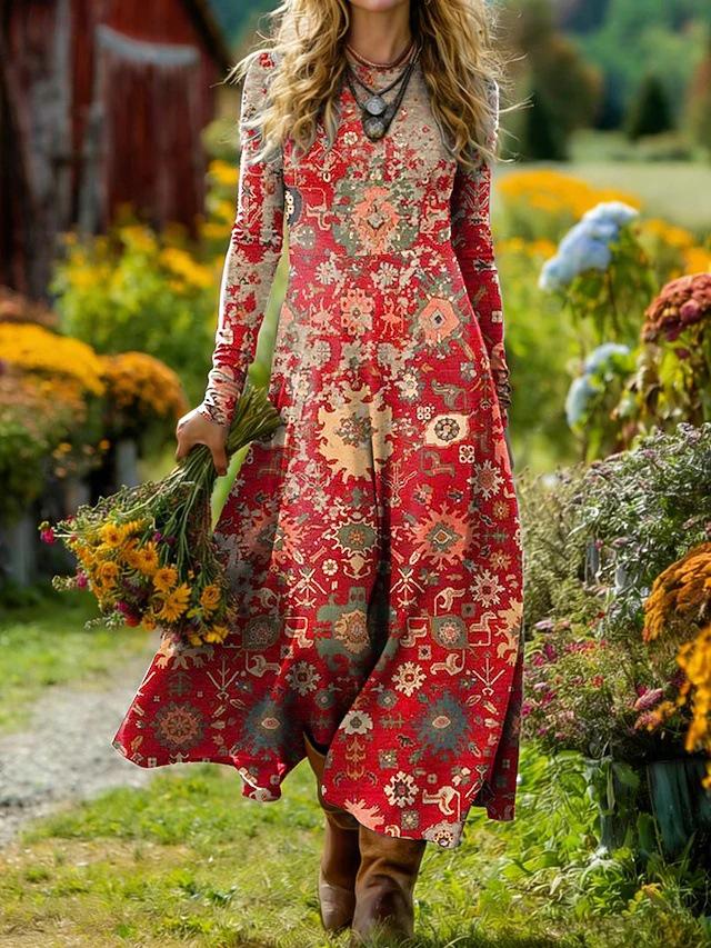 Women's Mid-Length Bohemian Retro Print A-line Dress for Holidays