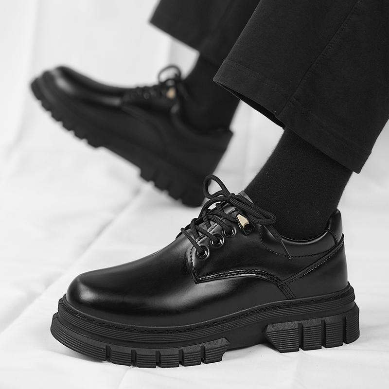Casual Leather Shoes Autumn New Black Daily Shoes Thick Sole Heightening Small Leather Shoes Pure Black