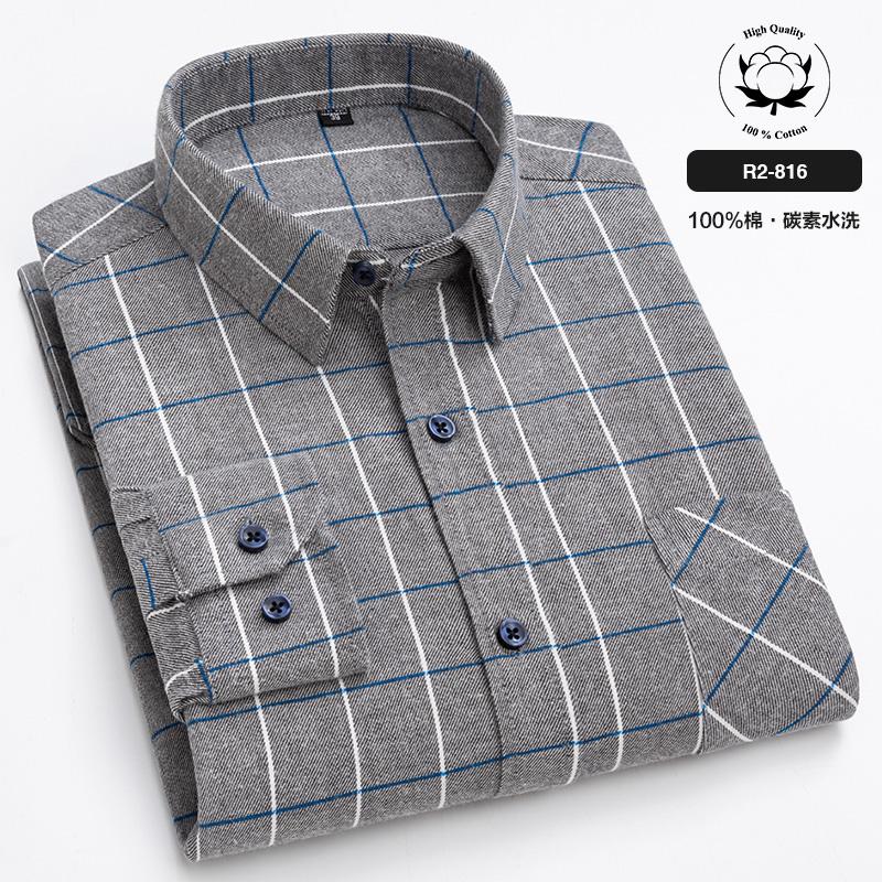 New Spring Autumn 100% Cotton Flannel Plaid Mens Shirts Casual Long Sleeve Regular Fit Home Dress Shirts For Man Clothes 6XL 5XL