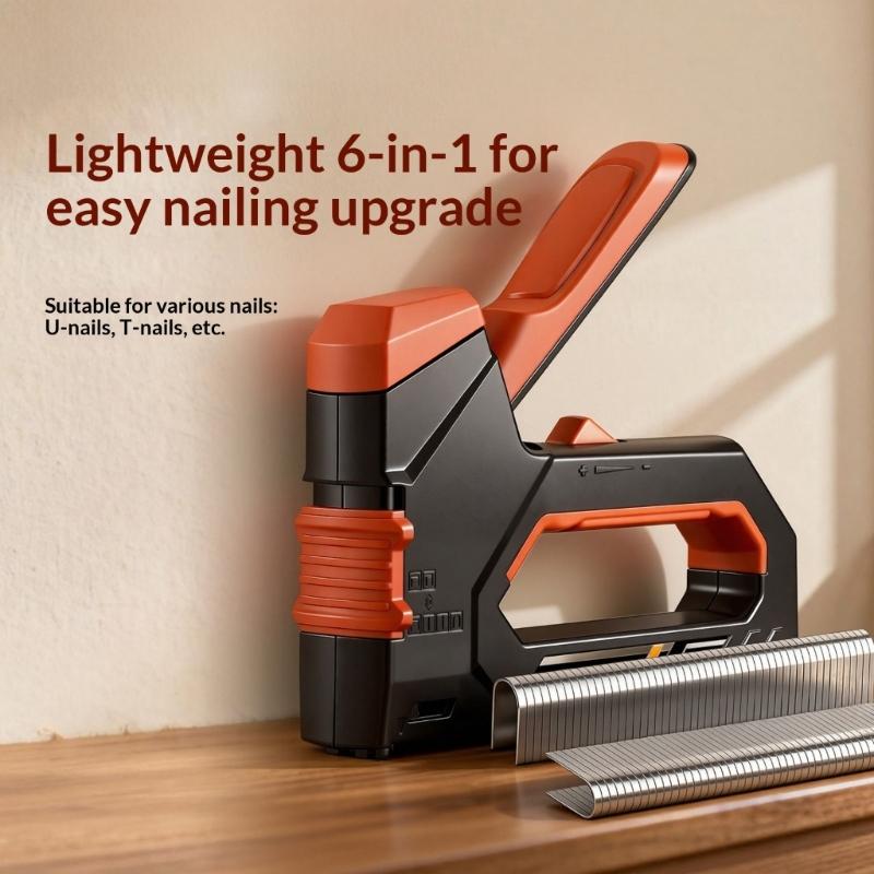 Manual Nail Guns Stapler Tool with 6 in 1 Compatibility for Staple Brads and Door Nails Ergonomic Handle Quick Loading System Steel Construction