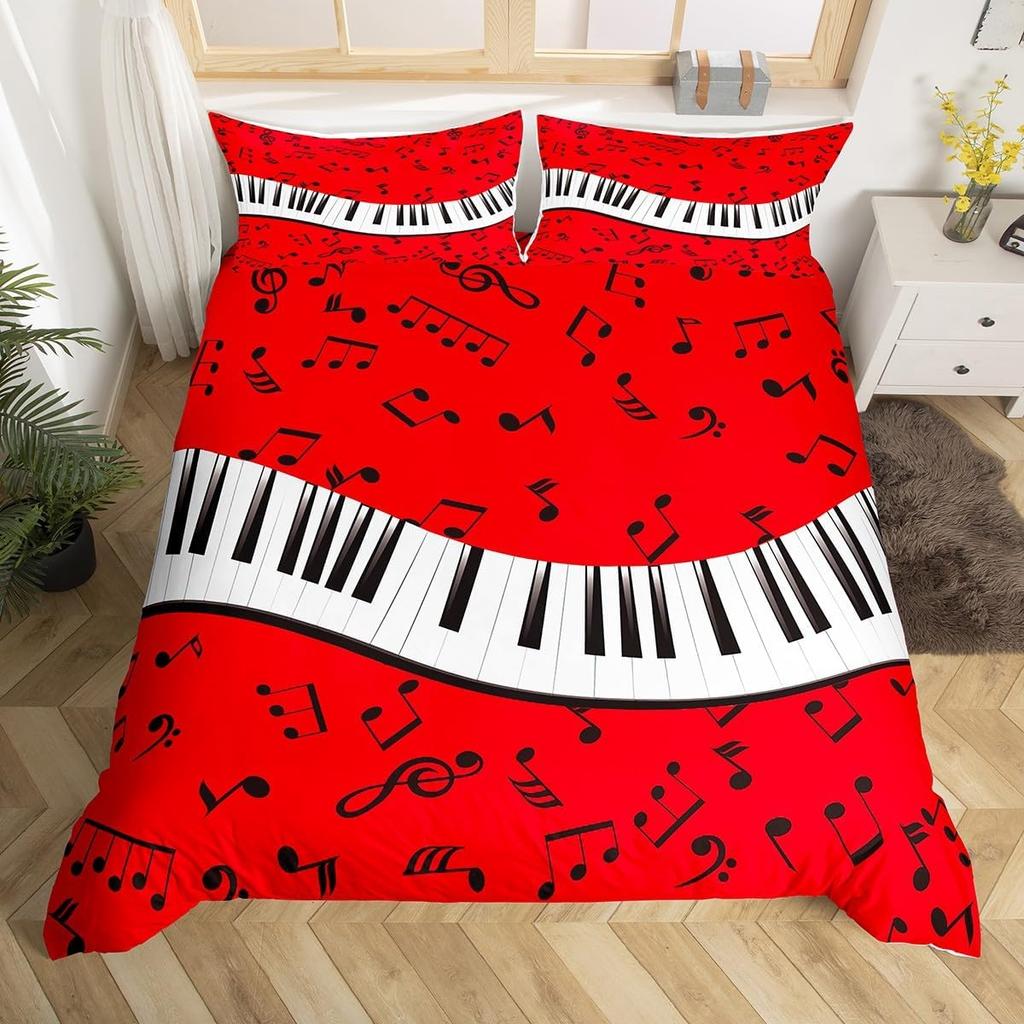 Musical Notes Duvet Cover,Piano Key Comforter Cover Twin Queen Size,Music Themed Bedding Set Melody Musical Note Bedclothes 3Pcs