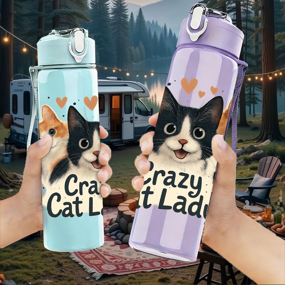 1PC Crazy Cat Lady Multiple Cat Print 750ml Color Plastic Sports Water Bottle Leakproof Flip Straw Lid Suitable for Sports Office Home Use