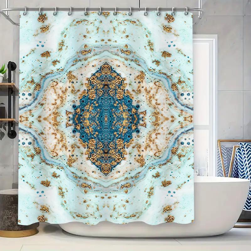 

Калейдоскопическая сине-золотая мраморная шторка для душа для декора ванной комнаты, быстросохнущая ткань с набором крючков-колец 90x180cm