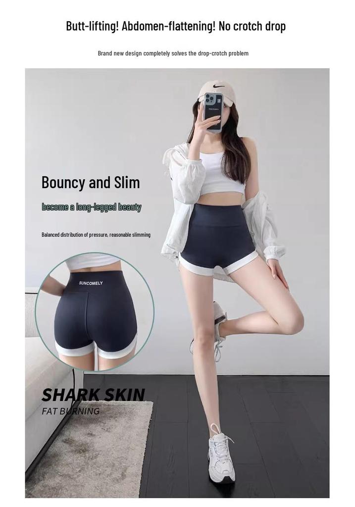 Women's High-Waisted Color-Blocked 3/4 Shark Tights: Anti-Exposure, Tummy Control, Butt Lifting Yoga & Fitness Pants