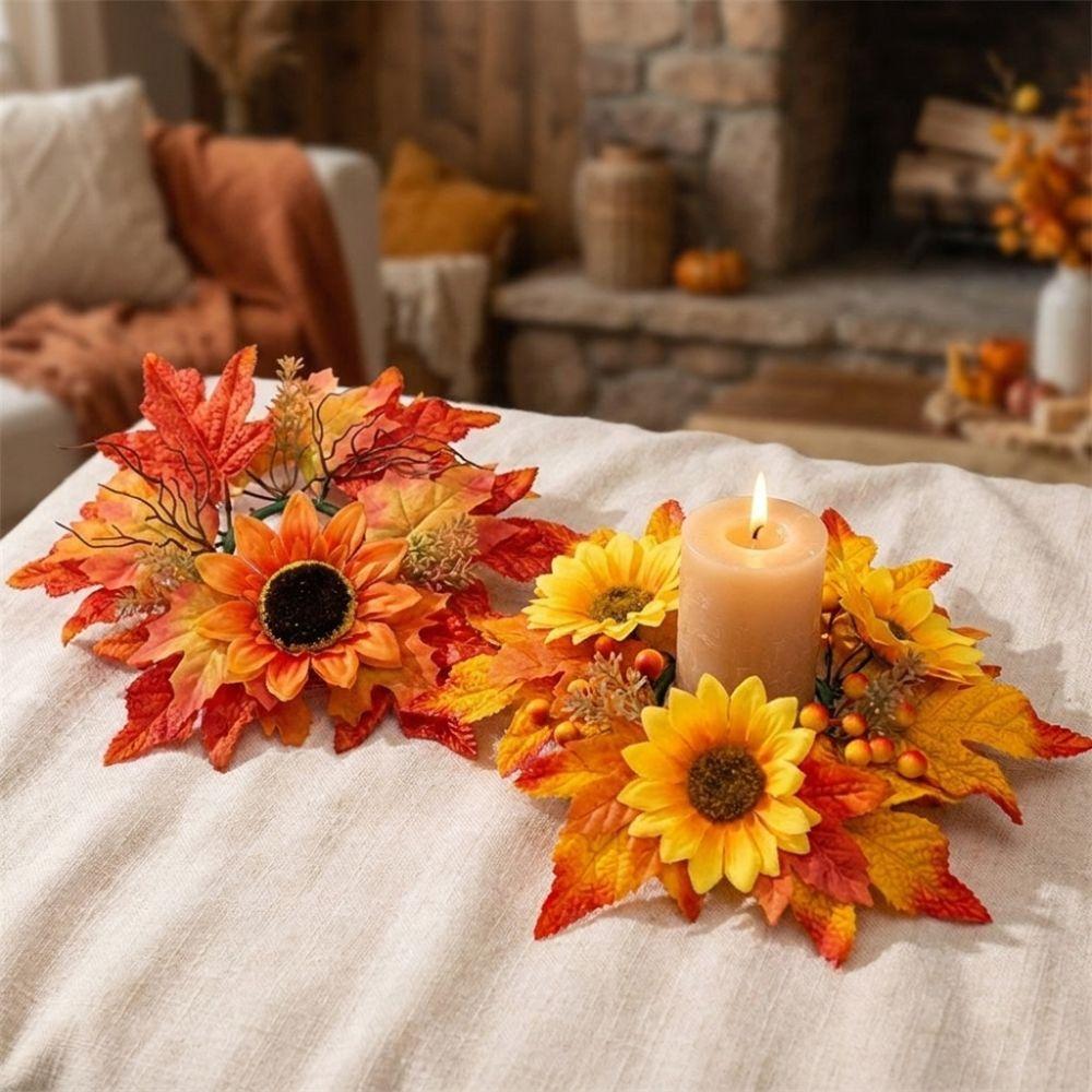 Fade Resistant Sunflower Maple Candle Ring Wreath Harvest Pillar Candle Surround Ring Home Decor