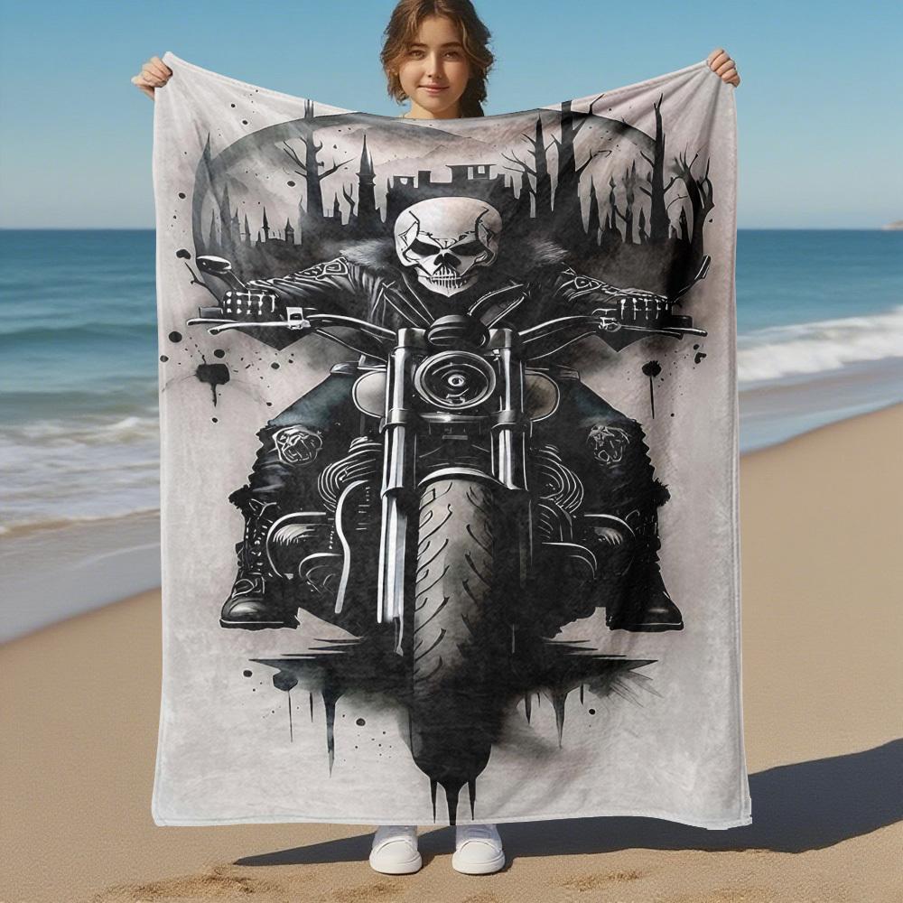 1pc Skull Biker Outdoor Flannel Blanket Soft Warm All-Season Throw for Sofa Bed Car Camping Office, Cozy Gift Idea1211S