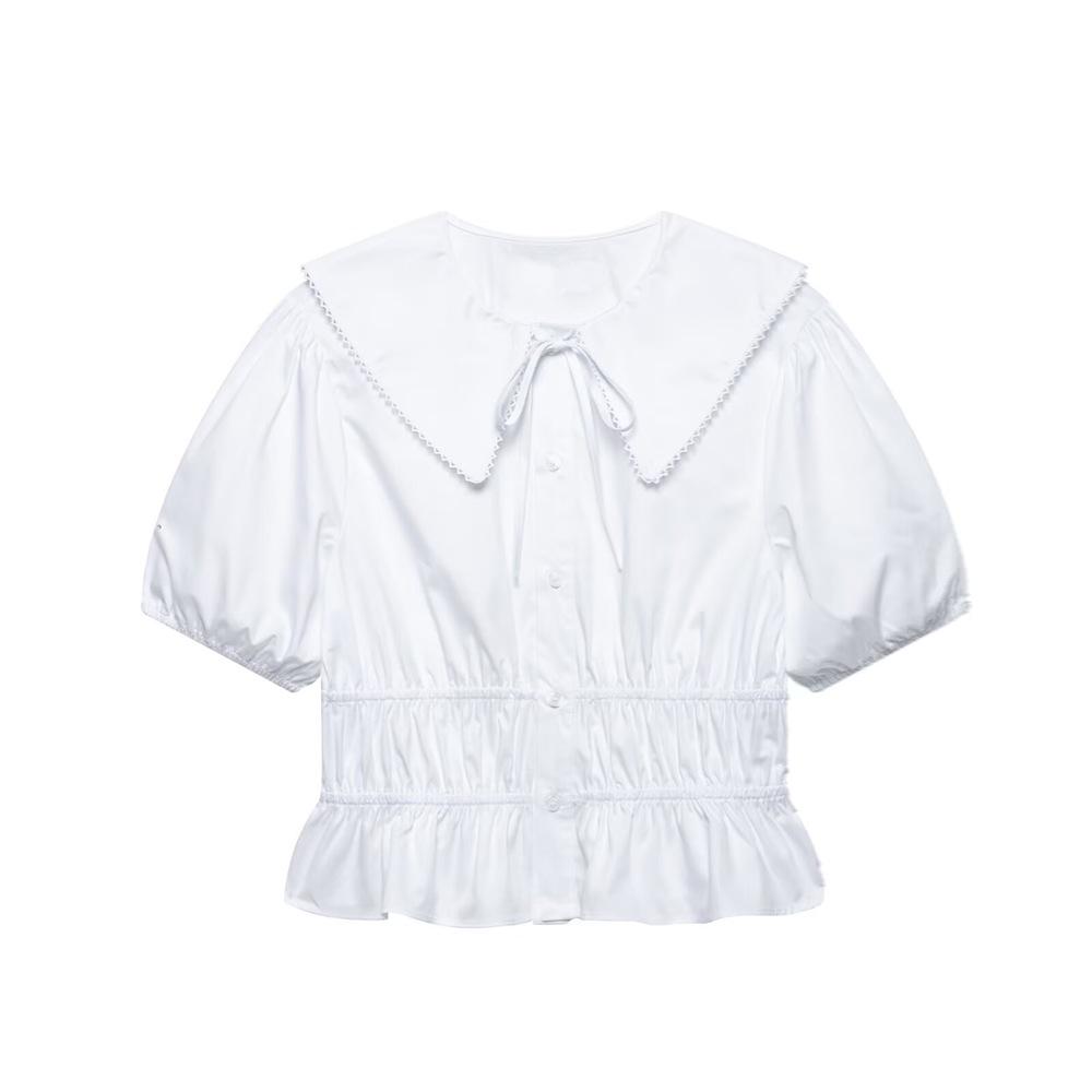 

2025 Spring/Summer Women s Peter Pan Collar Tie Short-Sleeve Shirt Small белый