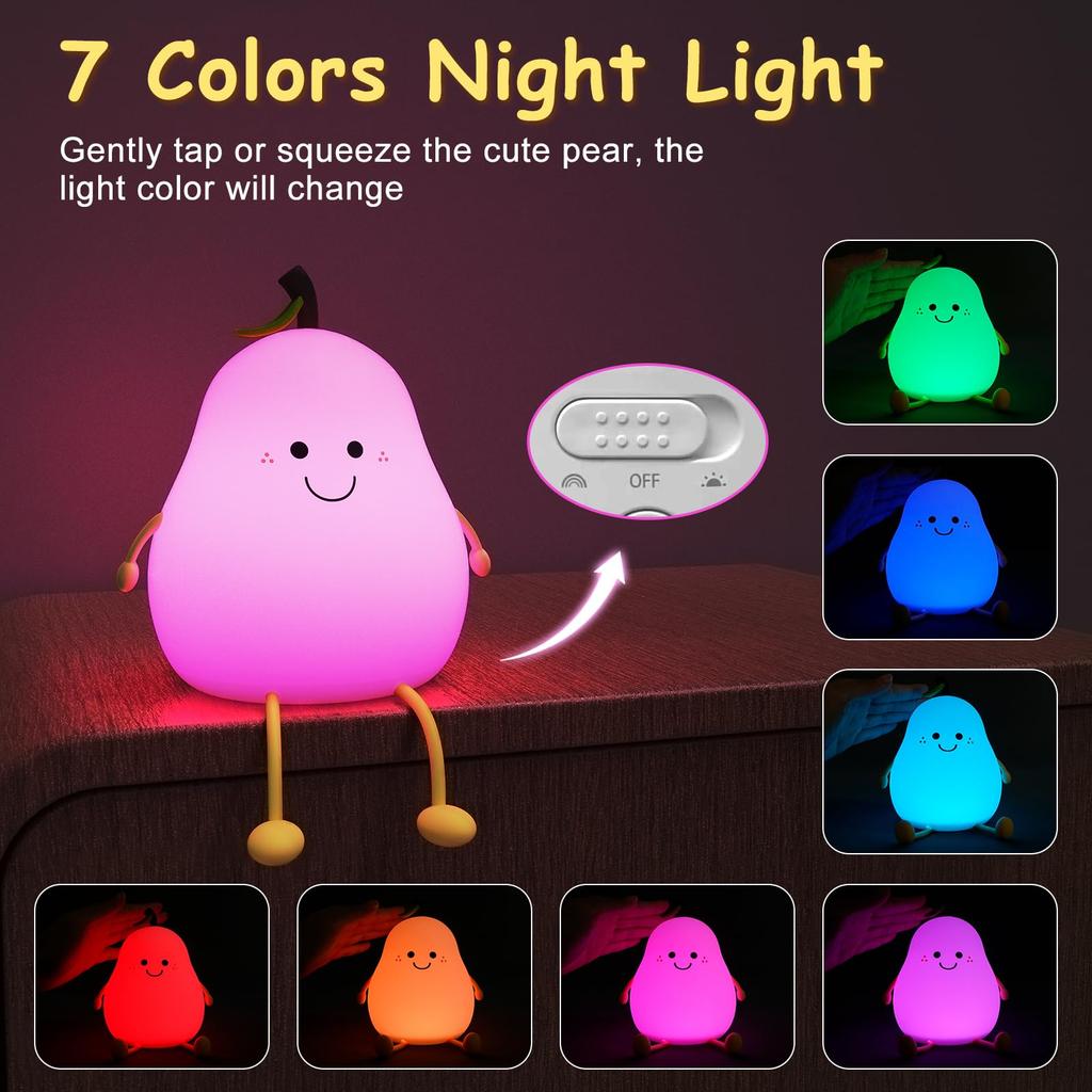 Cute Peach Pear Fruit Night Light USB Rechargeable Dimming Touch Silicone Lamp Bedroom Bedside Decoration Couple Gift Boby Light