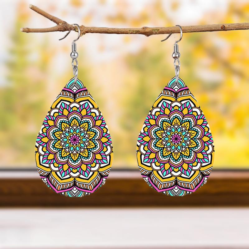 Bohemian Style Colorful Mandala PU Leather Earrings Boho Earrings Trendy Female Earrings Elegant Fashion Earrings Christmas Gifts for Women