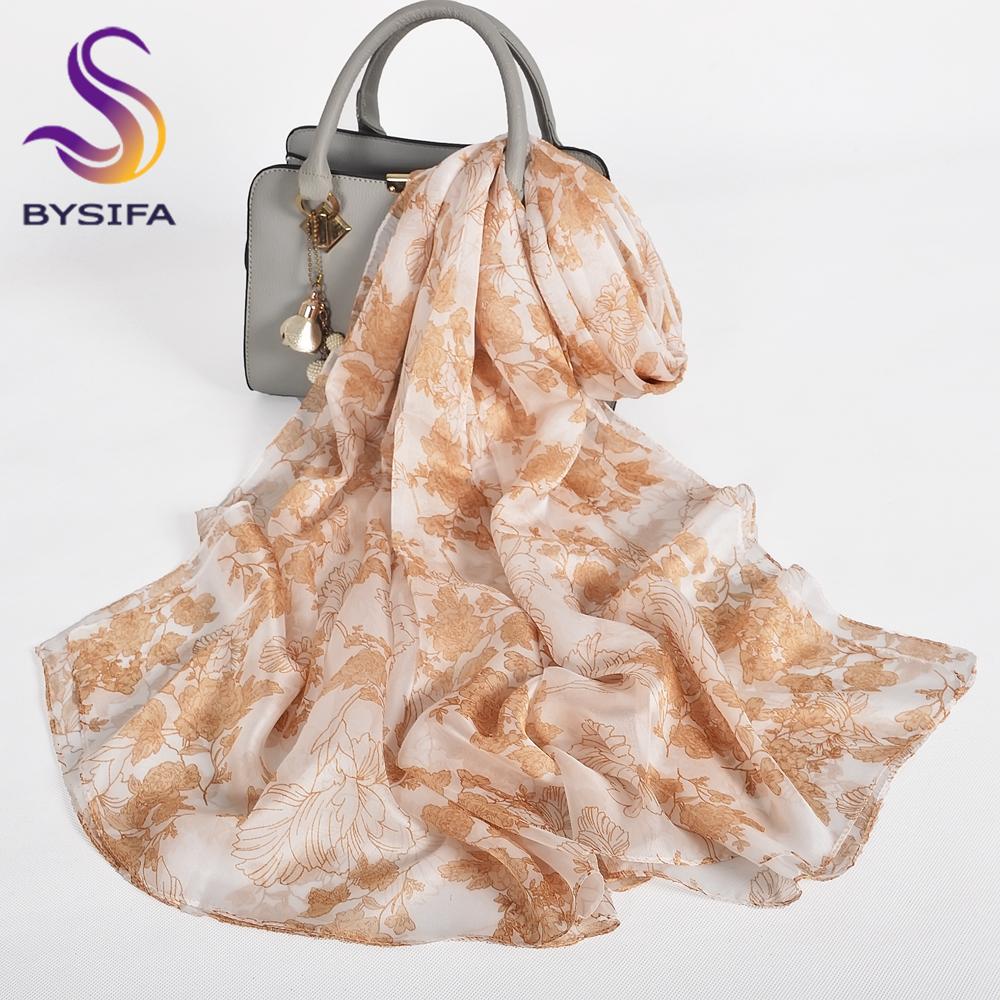 [BYSIFA] Purple 100% Mulberry Silk Scarf Wrap Fall Winter Magnolia Design Long Scarves Shawls Women Spring Summer Beach Shawl