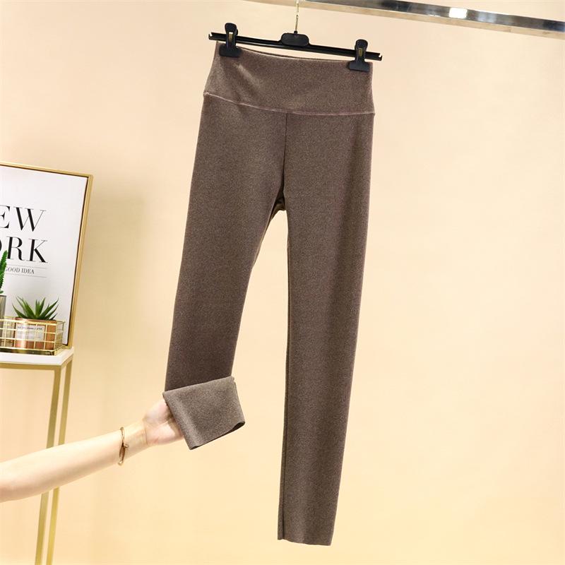 Women's High-Waisted Fleece-Lined Seamless Cotton Trousers – Warm, Tight-Fit, Thickened Base Layer for Autumn/Winter