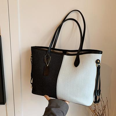 Grote capaciteit denim tas dames nieuwe mode patchwork contrasterende kleur schoudertas forens casual tote tas