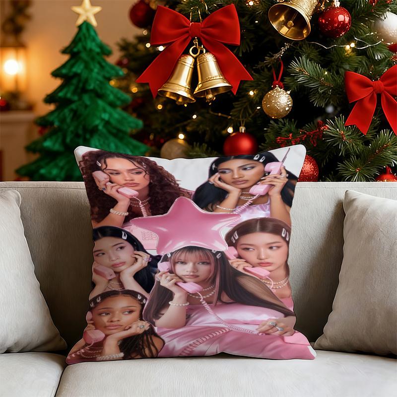 1pc KATSEYE Kpop Girl Group Pillow Cover, Polyester 2D Double-Sided Print, Y2K Pink Phone Baddie Collage Art, Fan Home Decor Gif