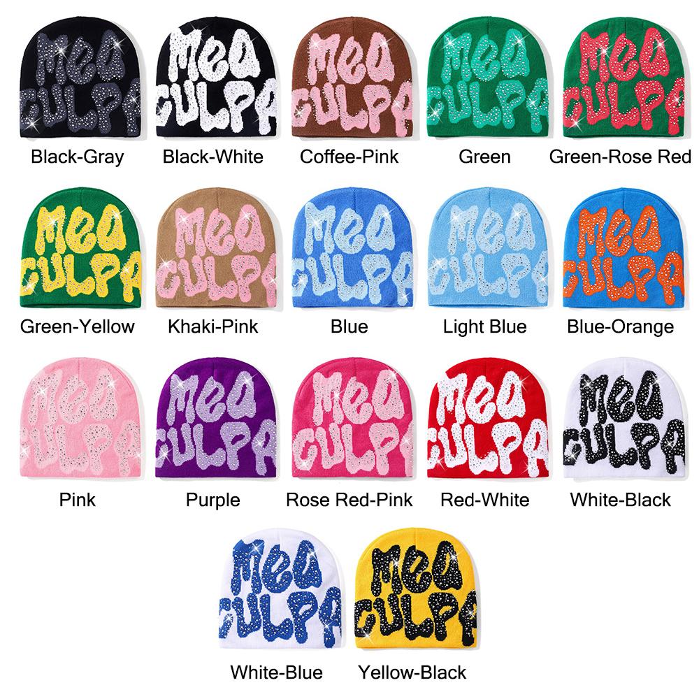 Warm y2k Beanies Hats Knitted Slouchy Cap MEA Culpa Beanies Hat with Rhinestone  for Women Men