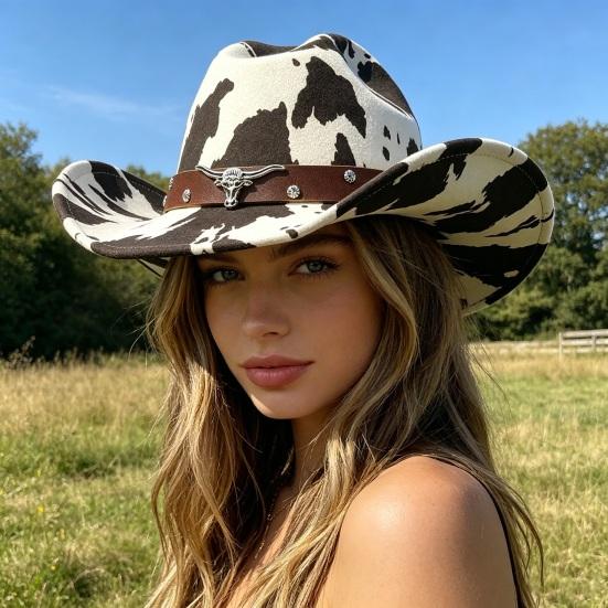 Western Cowboy Hat, Moderate Wide Brim Suede Fabric Black White Cow Print Hat with Faux Leather Band Metal Rivets, Outdoor Cycling Sun Protection Hat