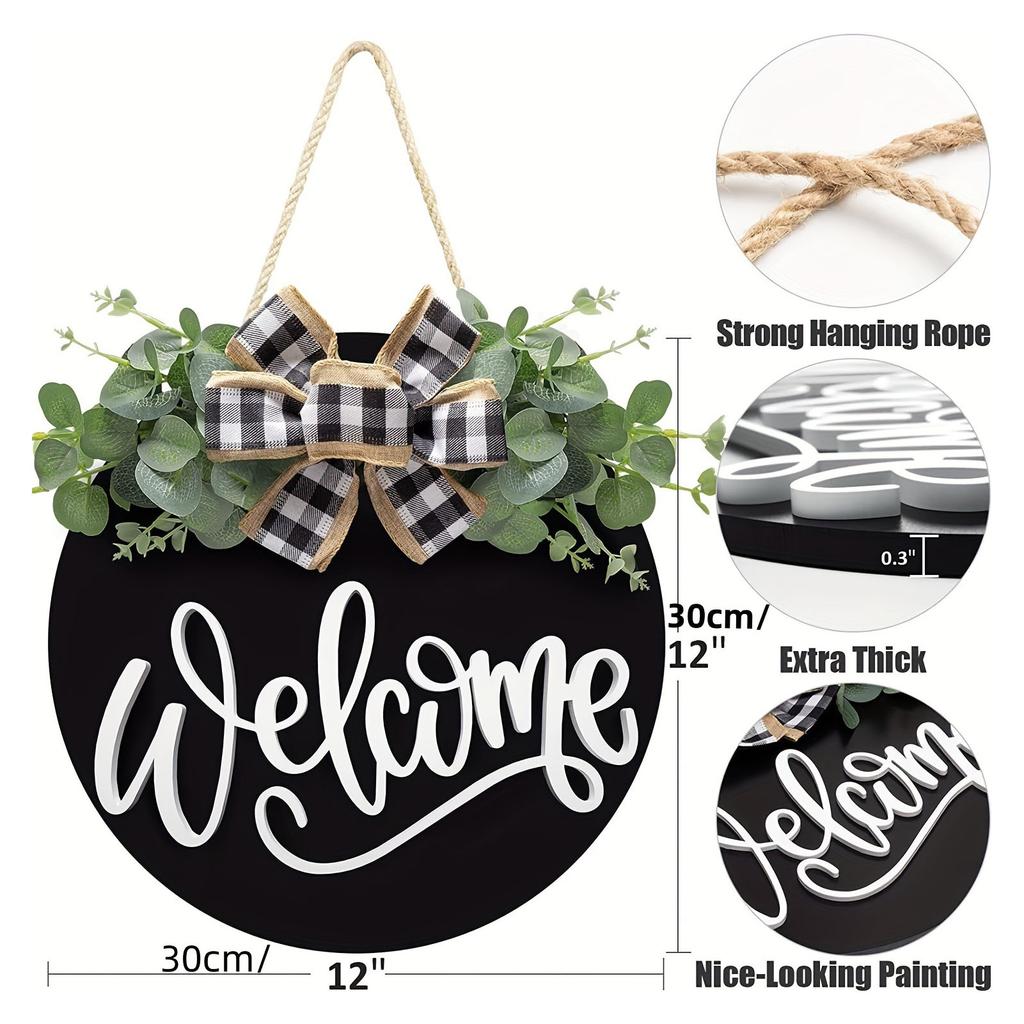 Welcome Door Sign Black Color Wreath Round Shape Hanging Welcome Doorplate for Home