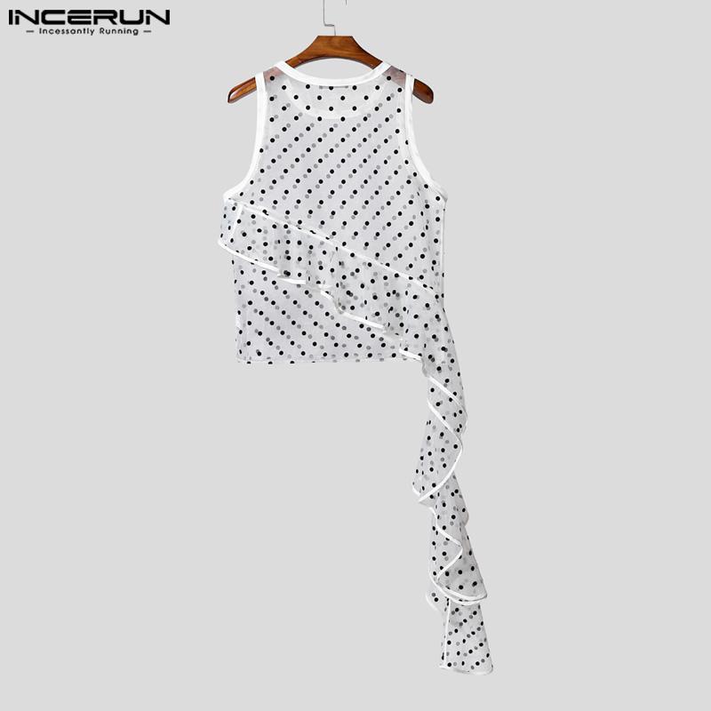 INCERUN Men Sleeveless See Through Mesh Sheer Ruffled Polka Dot Tank Tops