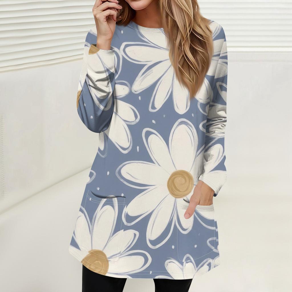 Women's Fashion Casual Pullover T-Shirt Round Neck Pocket Stripe Patchwork Printed Long Sleeve Top
