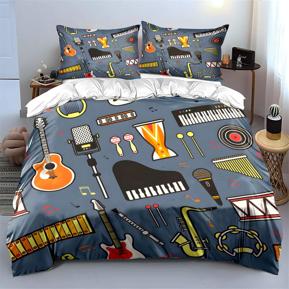 Musical Elements Collage Print Bedding Set 1 Duvet Cover 2 Pillowcases for Adult and Children Luxury Gift Full Size