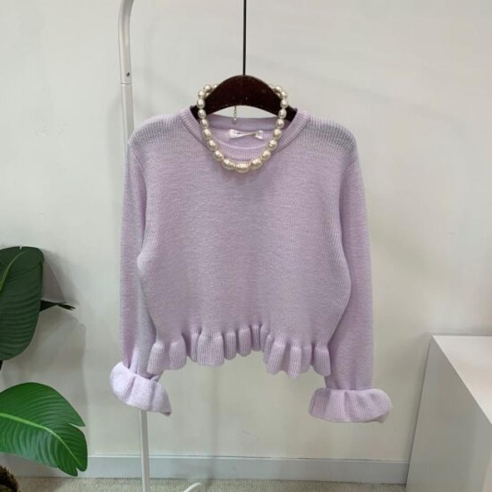 C S In The Room Lotik Round neCk Frill Crop Long Sleeve Knit 3Color