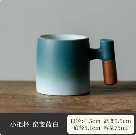 Ceramic Gradient Wooden Handle Tea Cup Stoneware Japanese Coffee Cup Home Kiln-turned Retro Small Wine Cup
