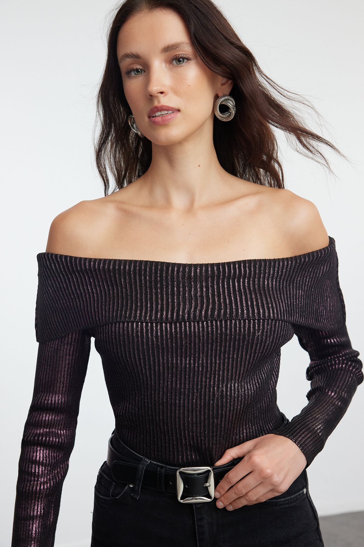 

Women s Elegance Style Sweater Plum Carmen Collar Foiled Knitwear Sweater M