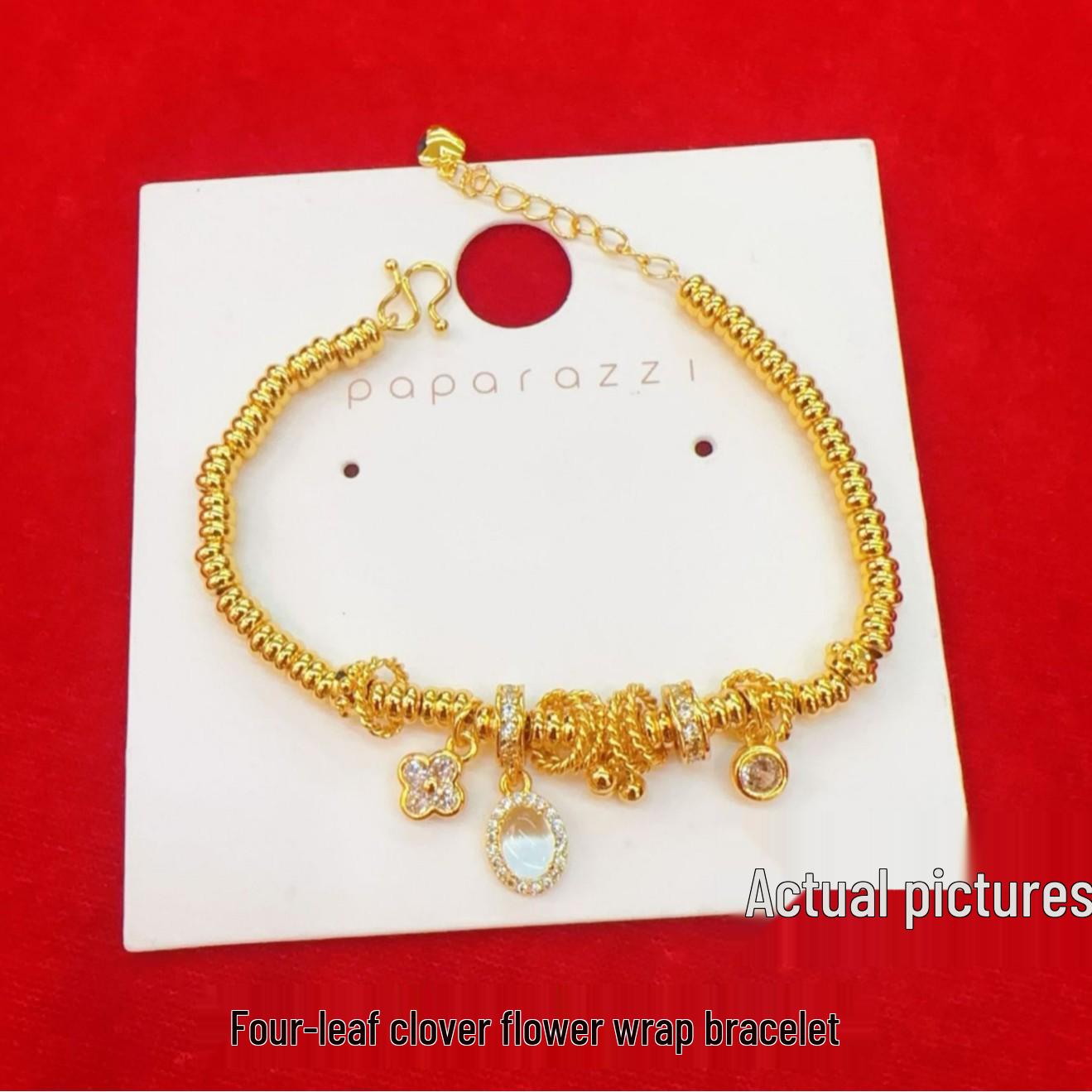 

Dragon Heart Four-Leaf Clover Entwined Bracelet, Gold, Chinese Style, Ice-Through Glass, Women s Jewelry.