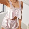 Womens Satin Lace Trim Pajamas Set 2 Piece Soft Silk Bow Cami Tank Top Shorts Sleepwear Set Lingerie Shorts Silk Pjs Breathable Summer Nightwear