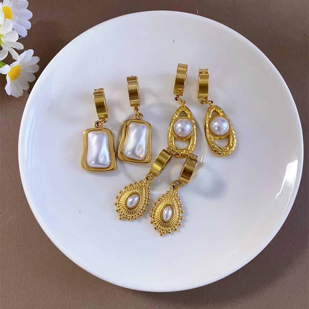 European Baroque Faux Pearl Teardrop Hoop Earrings - Unique Geometric Design