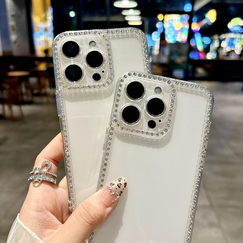 Diamond Frame Clear Slim Case Shell For iPhone 16 Pro Max 15 Pro 14 13 12 11 Soft TPU Shockproof Lens Protection Transparent Cover