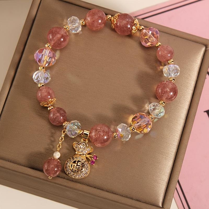 1 lucky bag pink strawberry stone bracelet with heart-shaped pendant and golden beads - shiny embellishments, adjustable elastic strap, playful design