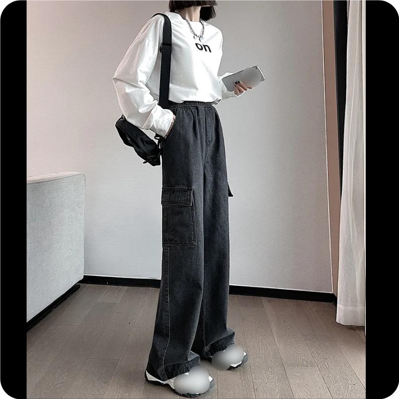 Dámské džínové kalhoty nadměrné velikosti s nářadím, rovné široké nohavice, volné s vysokým pasem, délka až na zem, tenké