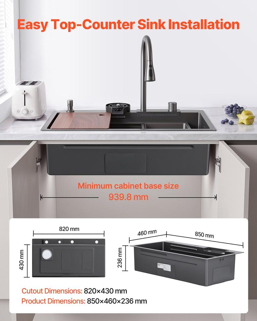 85cm Kitchen Top Mount Single Bowl Sinks, Stainless Steel Drop-In Farmhouse Basin with Ledge & Accessories, Household Dishwasher Sinks for RV, Prep